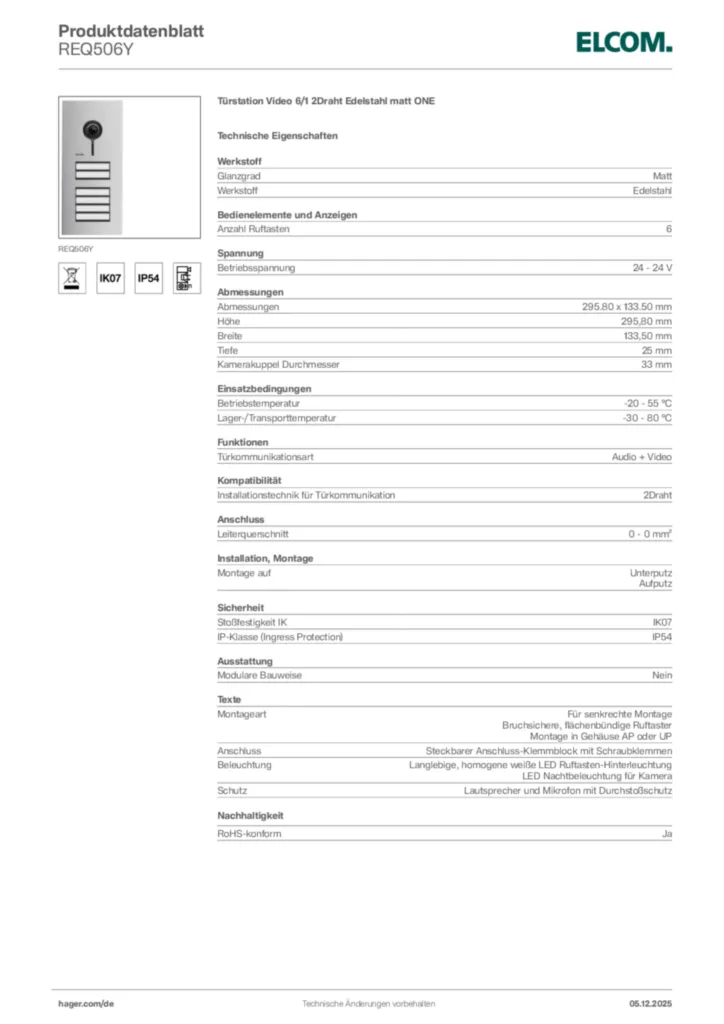 Bild Elcom Produktdatenblatt REQ506Y | Hager Deutschland