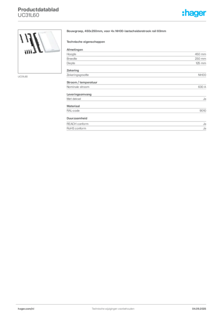 Afbeelding Hager Productdatablad UC31L60 | Hager Nederland