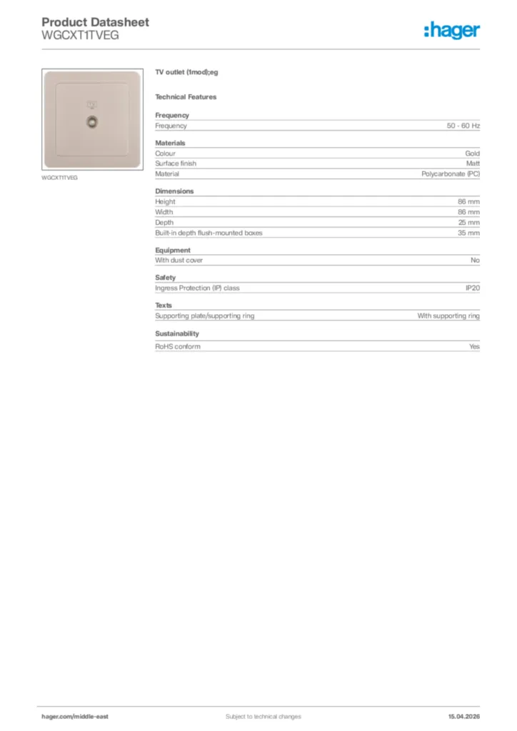 Image Hager Product data sheet WGCXT1TVEG  | Hager