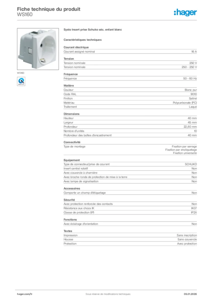 Image Hager Fiche technique du produit WS160 | Hager France