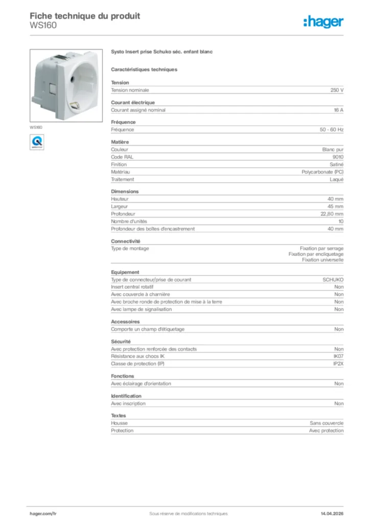 Image Hager Fiche technique du produit WS160 | Hager France