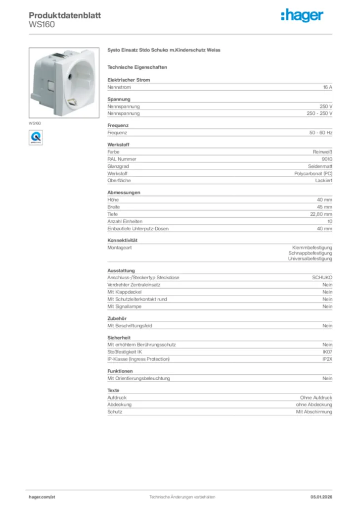 Bild Hager Produktdatenblatt WS160 | Hager Deutschland