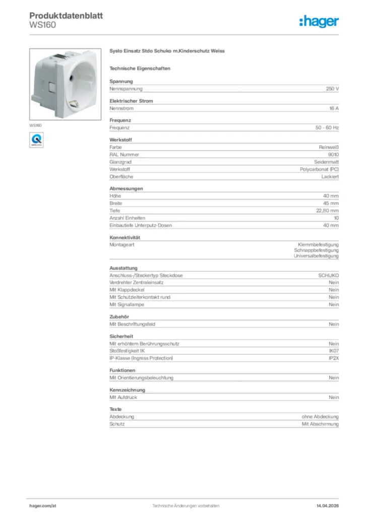 Bild Hager Produktdatenblatt WS160 | Hager Deutschland