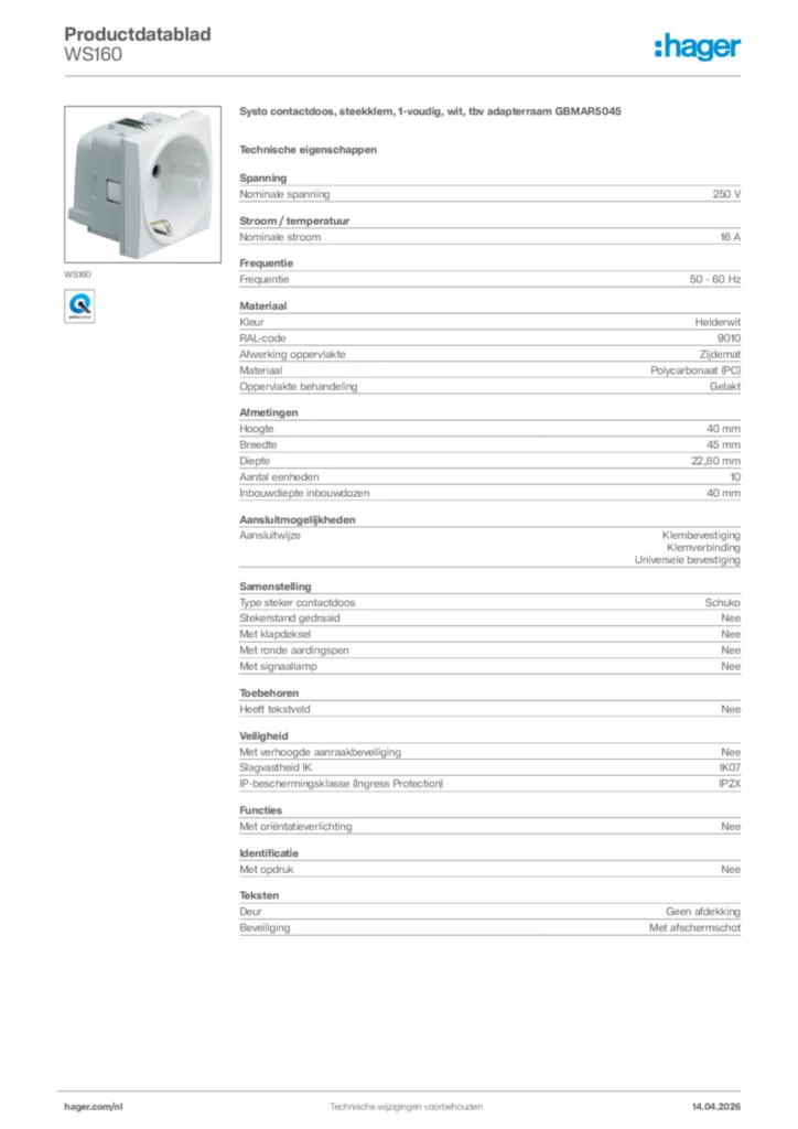 Afbeelding Hager Productdatablad WS160 | Hager Nederland