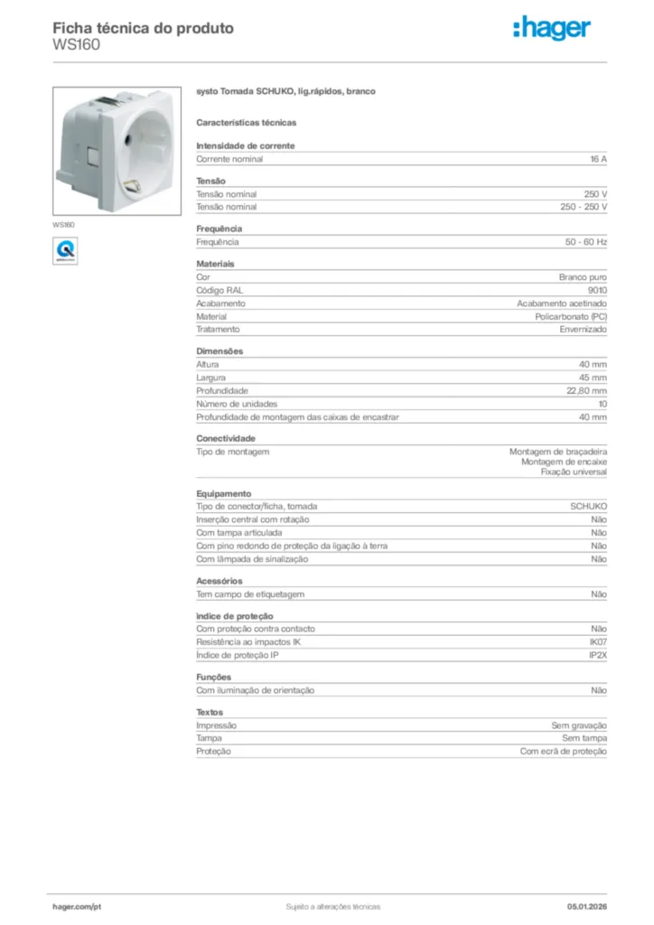 Imagem Hager Ficha técnica do produto WS160 | Hager Portugal