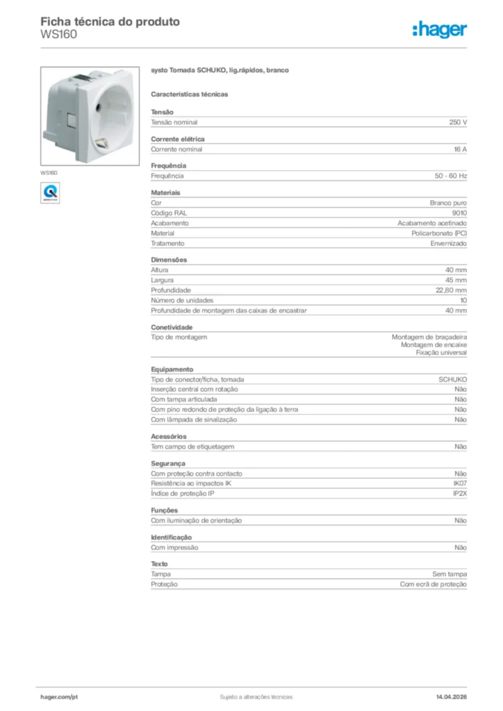 Imagem Hager Ficha técnica do produto WS160 | Hager Portugal