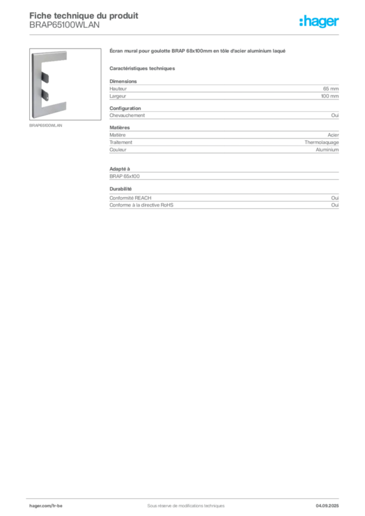 Image Hager Fiche technique du produit BRAP65100WLAN | Hager Belgique