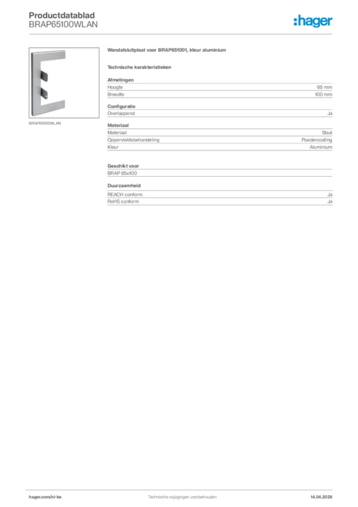 Afbeelding Hager Productdatablad BRAP65100WLAN | Hager Belgium