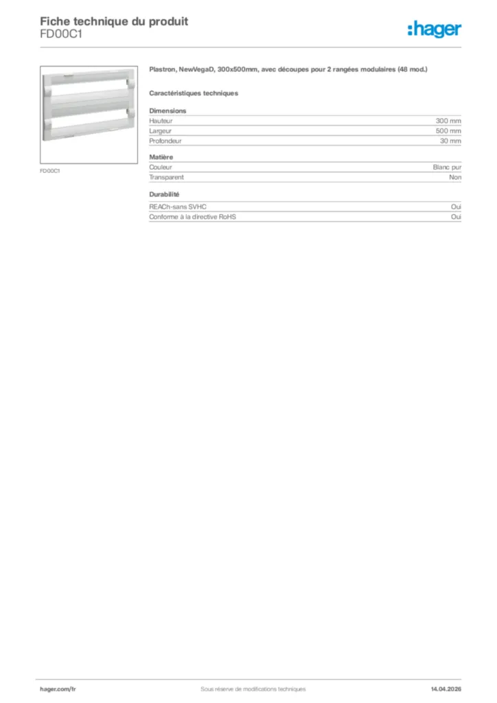 Image Hager Fiche technique du produit FD00C1 | Hager France