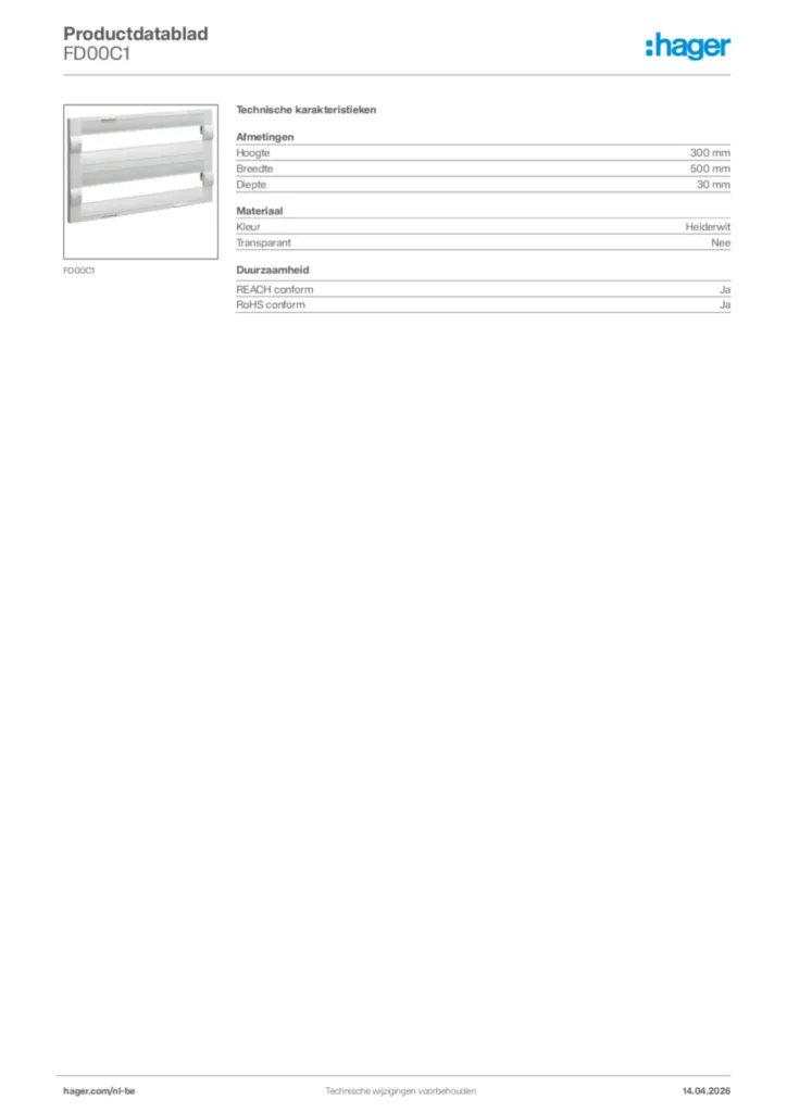 Afbeelding Hager Productdatablad FD00C1 | Hager Belgium