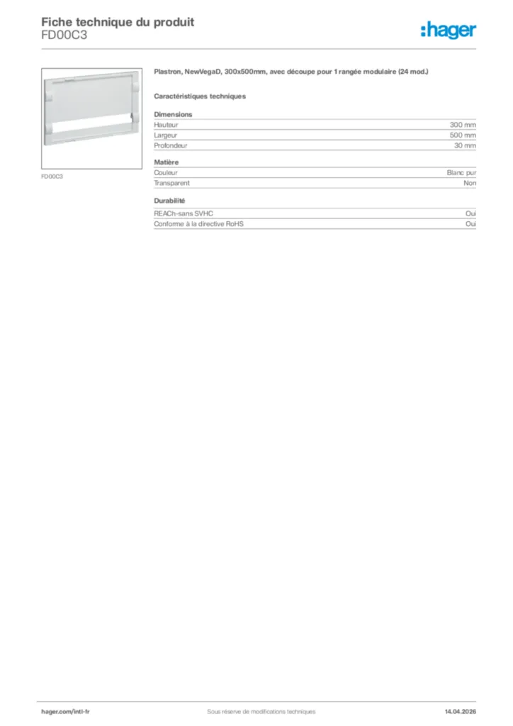 Image Hager Fiche technique du produit FD00C3 | Hager Afrique