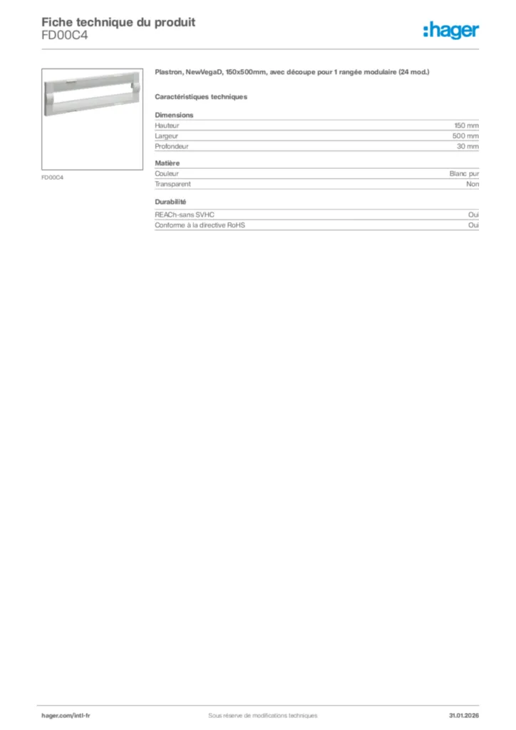 Image Hager Fiche technique du produit FD00C4 | Hager Afrique