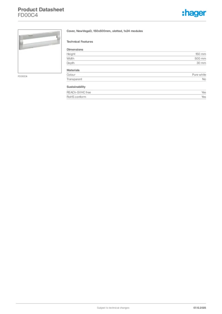 Image Hager Product data sheet FD00C4  | Hager