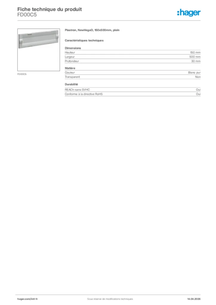 Image Hager Fiche technique du produit FD00C5 | Hager Afrique