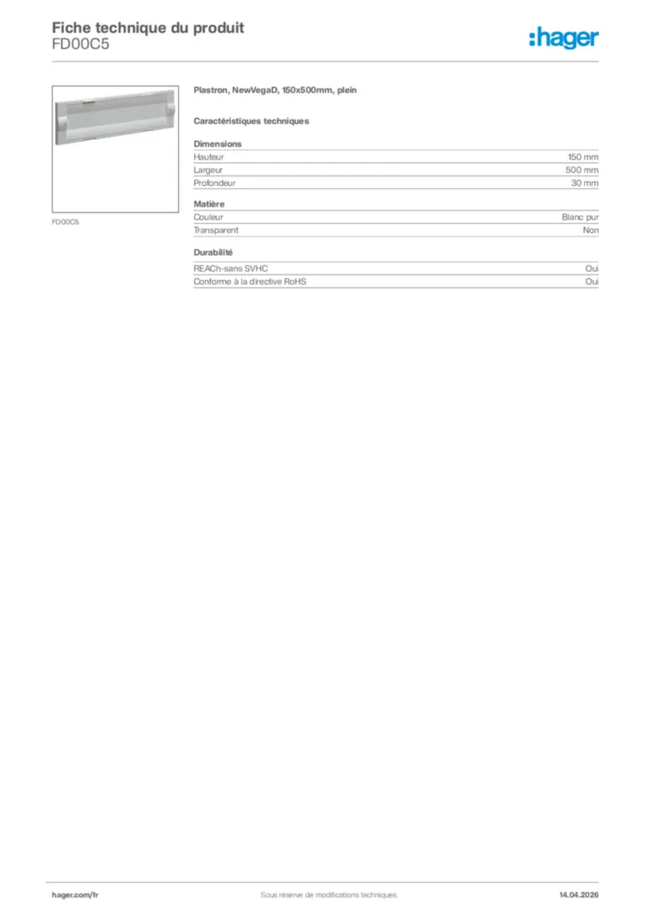 Image Hager Fiche technique du produit FD00C5 | Hager France