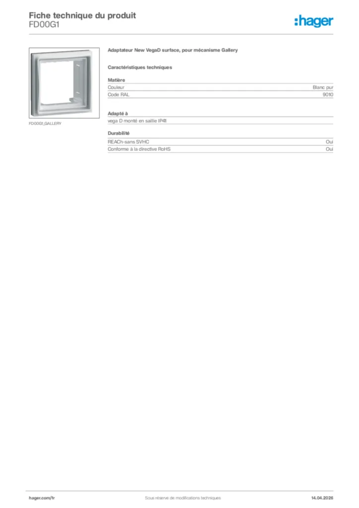 Image Hager Fiche technique du produit FD00G1 | Hager France