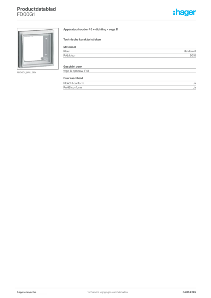 Afbeelding Hager Productdatablad FD00G1 | Hager Belgium