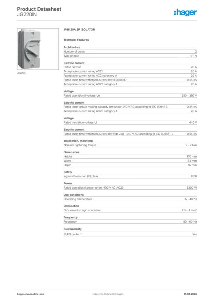 Image Hager Product data sheet JG220IN  | Hager