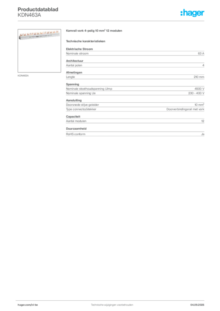 Afbeelding Hager Productdatablad KDN463A | Hager Belgium