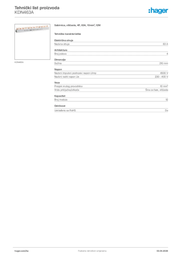 Slika Hager Tehnički list proizvoda KDN463A  | Hager