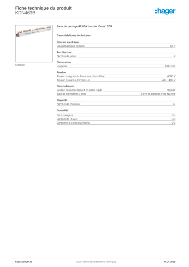 Image Hager Fiche technique du produit KDN463B | Hager Belgique
