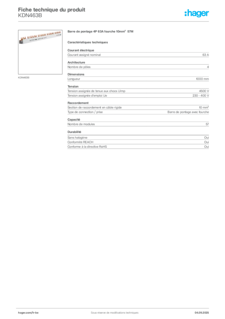 Image Hager Fiche technique du produit KDN463B | Hager Belgique