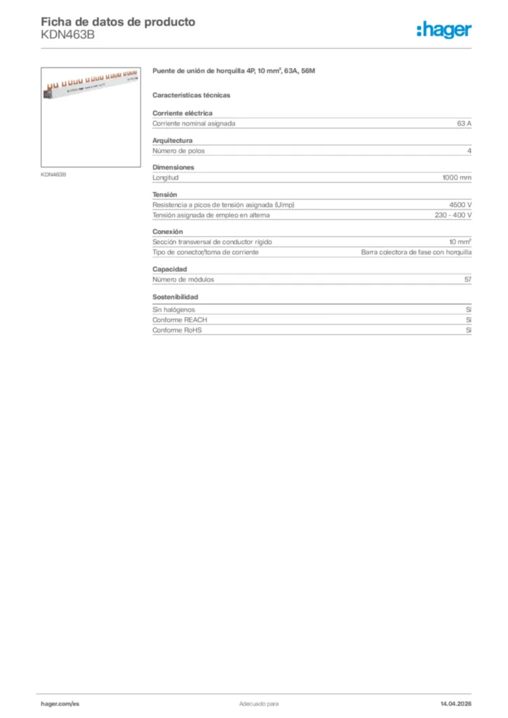 Imagen Hager Ficha de datos de producto KDN463B | Hager España