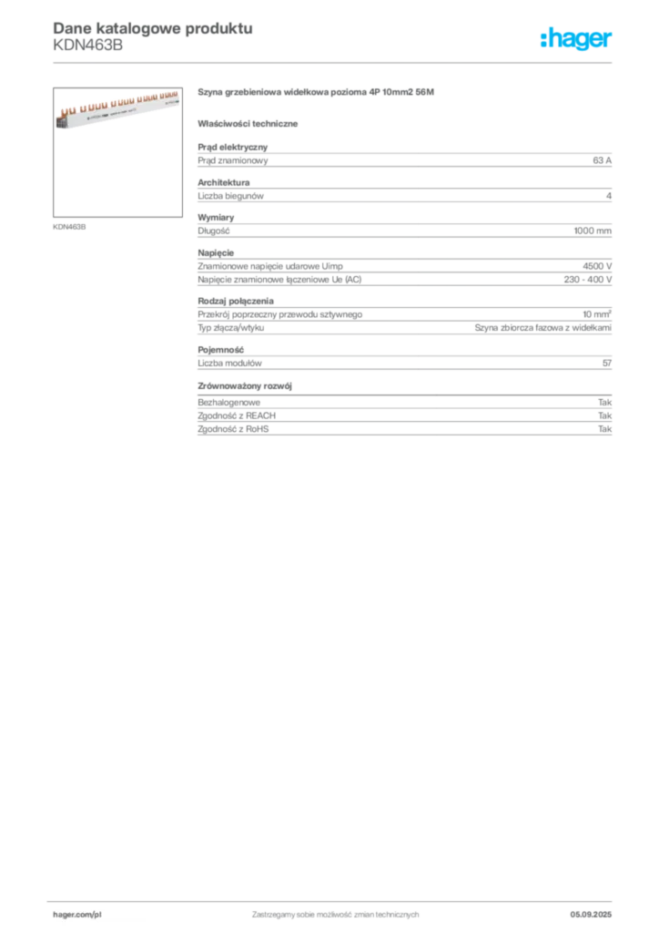 Zdjęcie Hager Dane katalogowe produktu KDN463B | Hager Polska