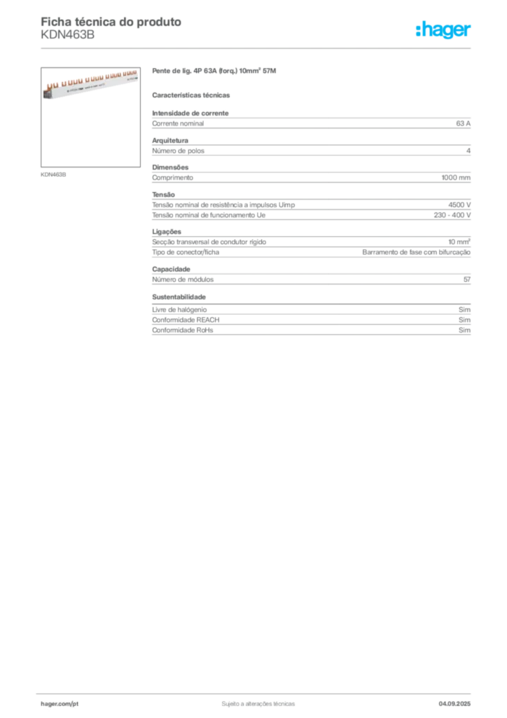 Imagem Hager Ficha técnica do produto KDN463B | Hager Portugal