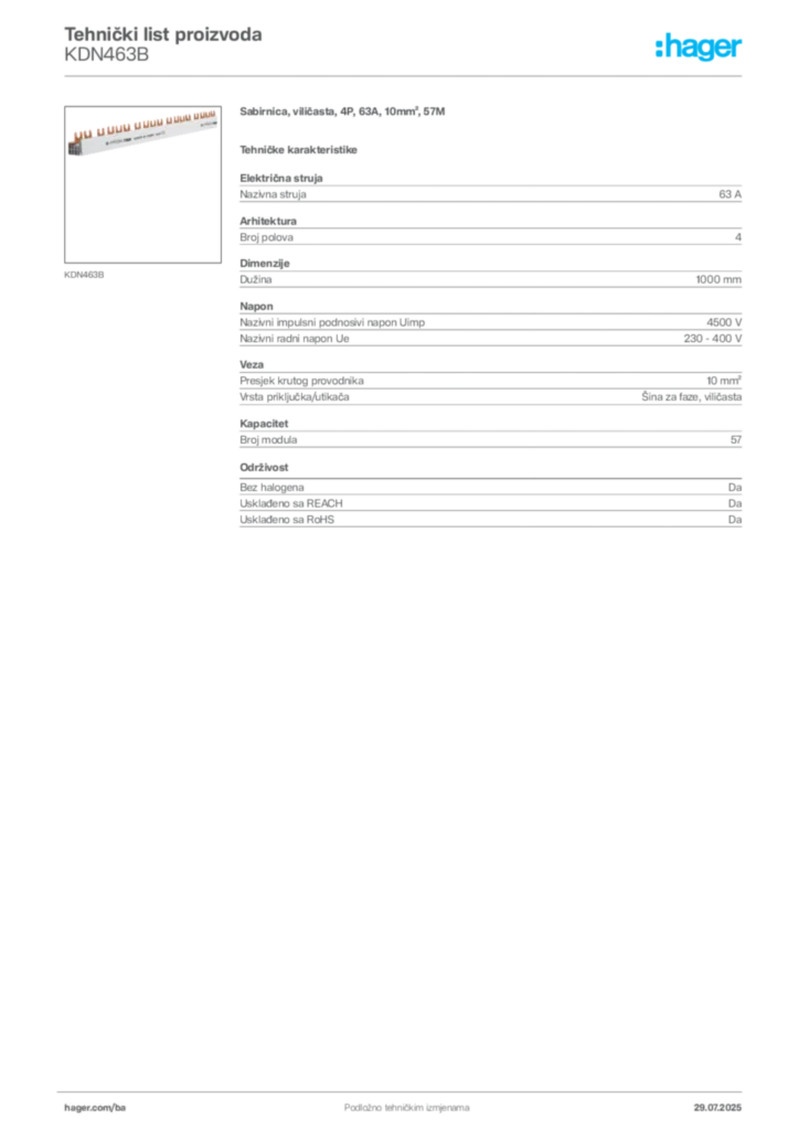 Slika Hager Product data sheet KDN463B  | Hager