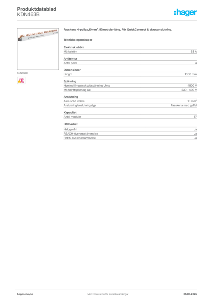 Bild Hager Produktdatablad KDN463B | Hager Sverige