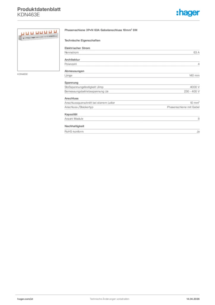 Bild Hager Produktdatenblatt KDN463E | Hager Deutschland
