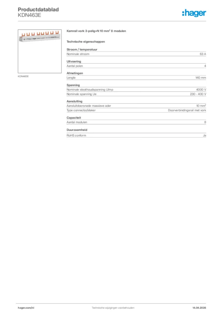 Afbeelding Hager Productdatablad KDN463E | Hager Nederland
