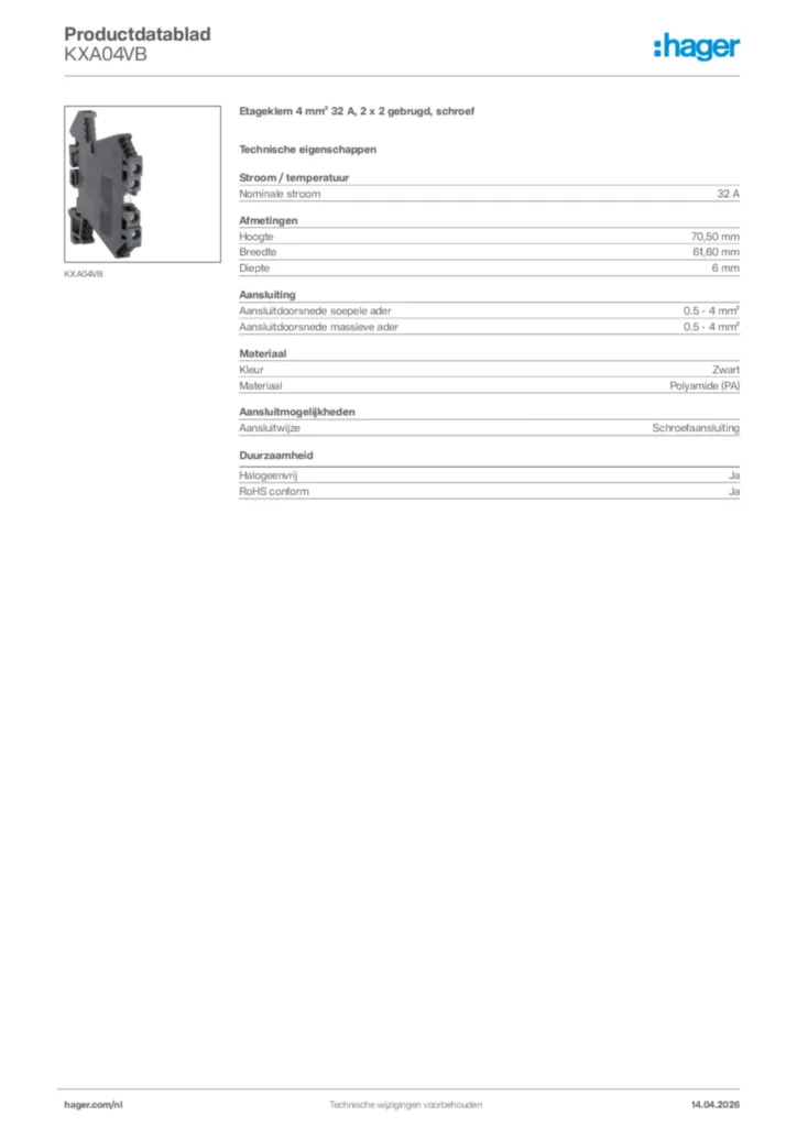 Afbeelding Hager Productdatablad KXA04VB | Hager Nederland