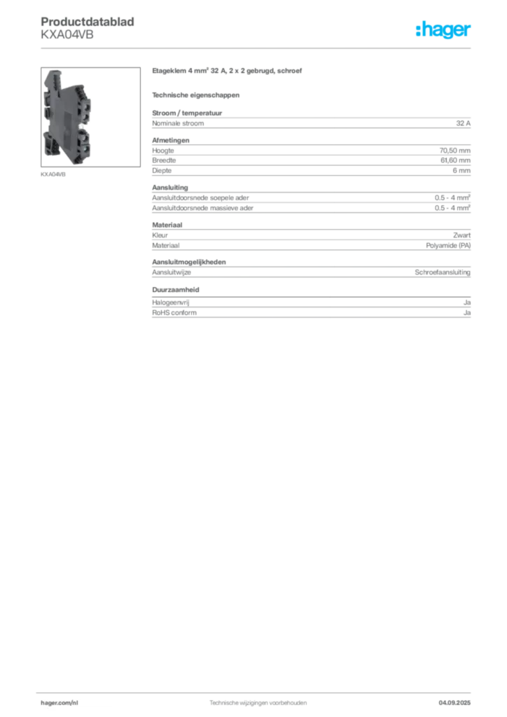 Afbeelding Hager Productdatablad KXA04VB | Hager Nederland