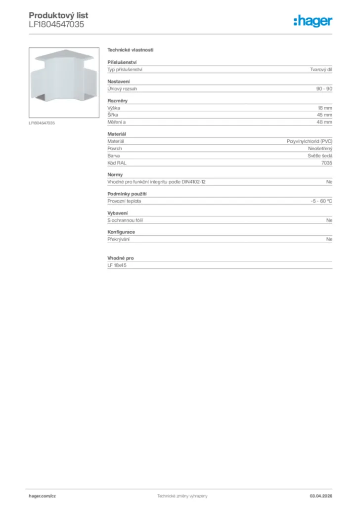 Obrázek Hager Product data sheet LF1804547035 | Hager