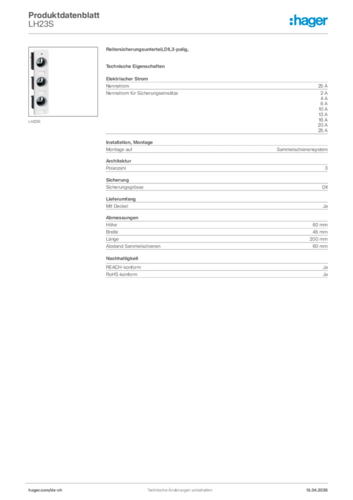Bild Hager Produktdatenblatt LH23S | Hager Schweiz