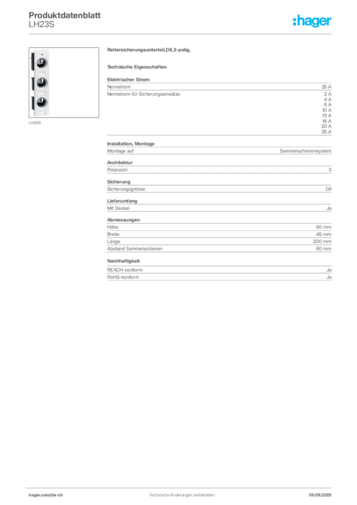 Bild Hager Produktdatenblatt LH23S | Hager Schweiz