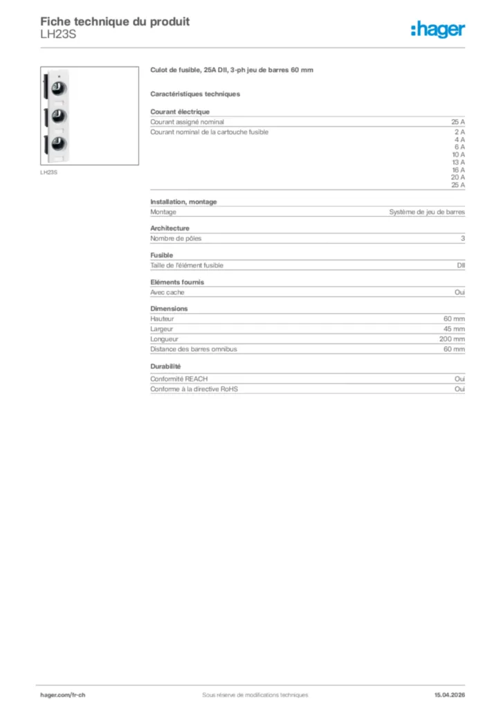Image Hager Fiche technique du produit LH23S | Hager Suisse