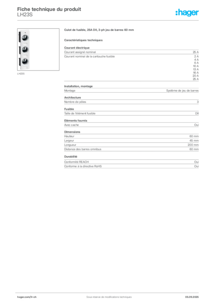 Image Hager Fiche technique du produit LH23S | Hager Suisse