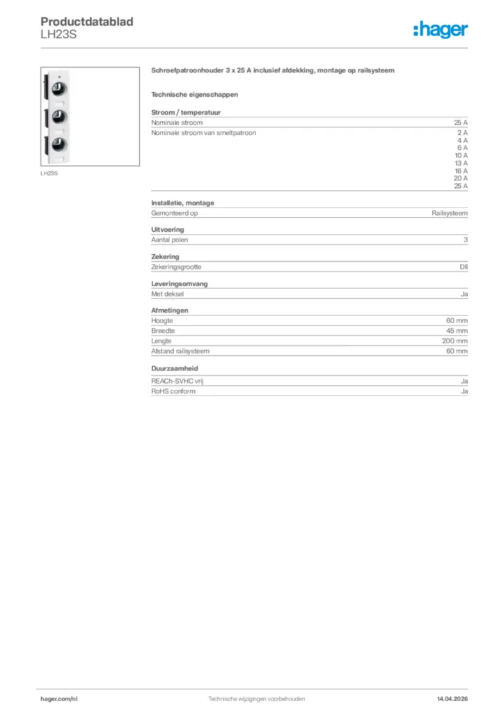 Afbeelding Hager Productdatablad LH23S | Hager Nederland
