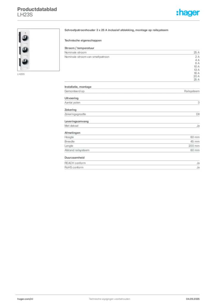 Afbeelding Hager Productdatablad LH23S | Hager Nederland