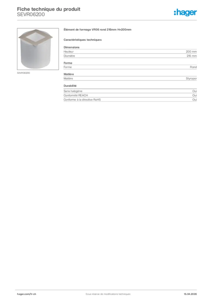Image Hager Fiche technique du produit SEVR06200 | Hager Suisse