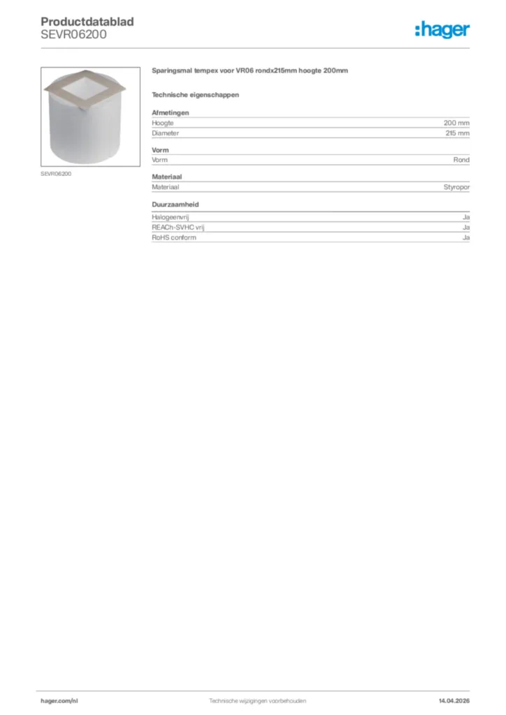 Afbeelding Hager Productdatablad SEVR06200 | Hager Nederland