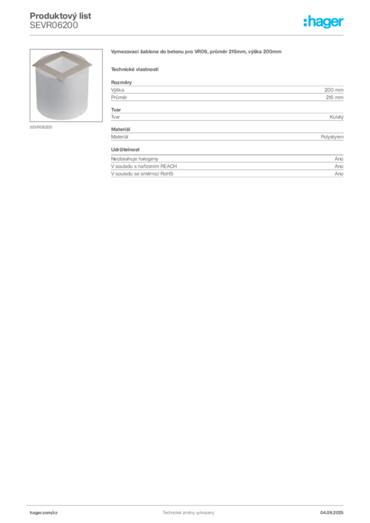 Obrázek Hager Produktový list SEVR06200 | Hager