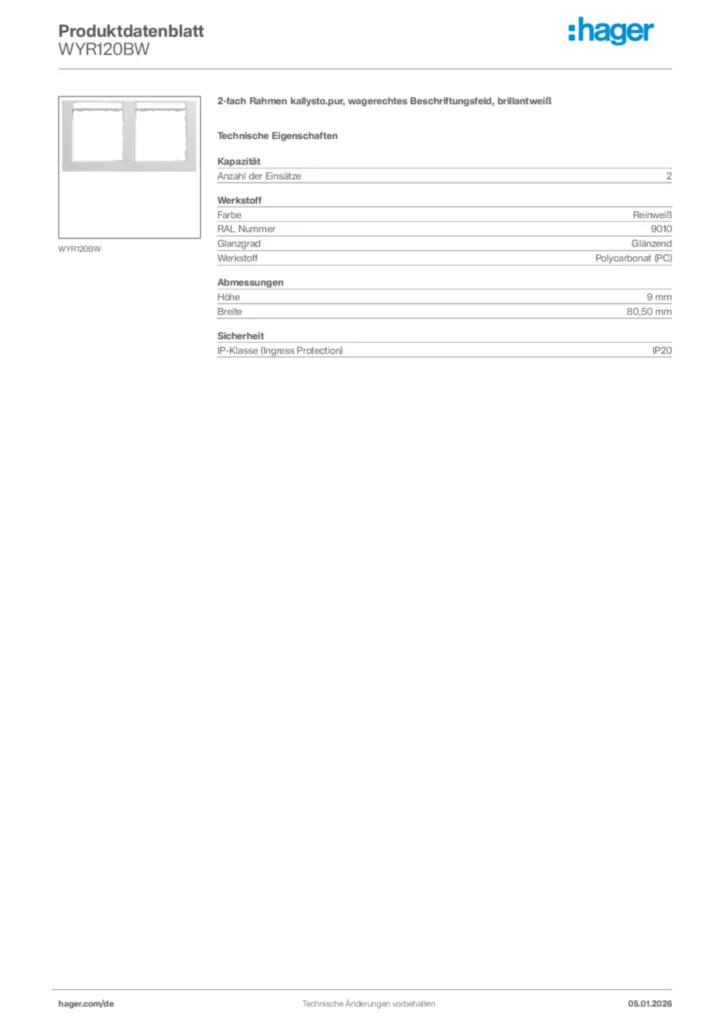 Bild Hager Produktdatenblatt WYR120BW | Hager Deutschland