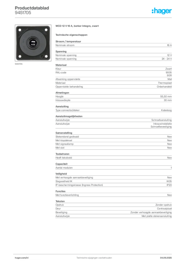Afbeelding Hager Productdatablad 9451705 | Hager Nederland