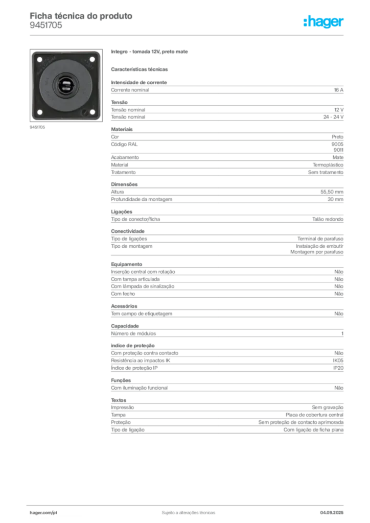 Imagem Hager Ficha técnica do produto 9451705 | Hager Portugal