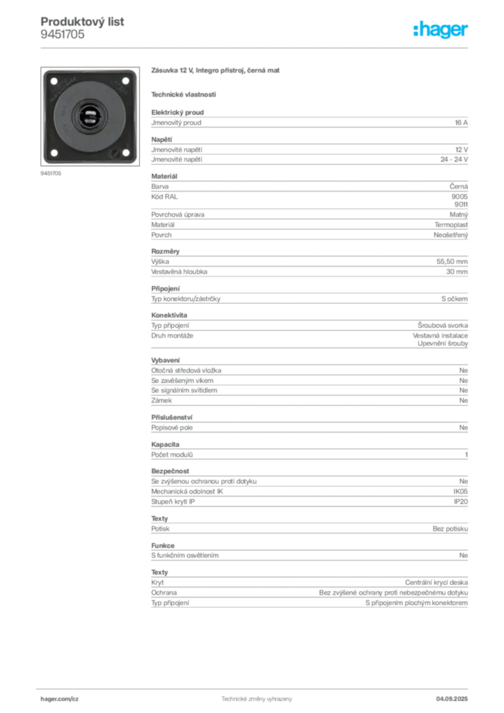 Obrázek Hager Produktový list 9451705 | Hager