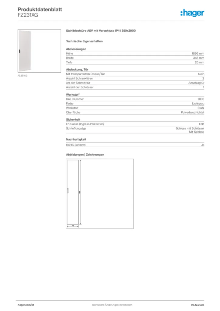 Bild Hager Produktdatenblatt FZ231XG | Hager Deutschland